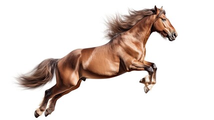 Galloping or jumping brown horse on white background