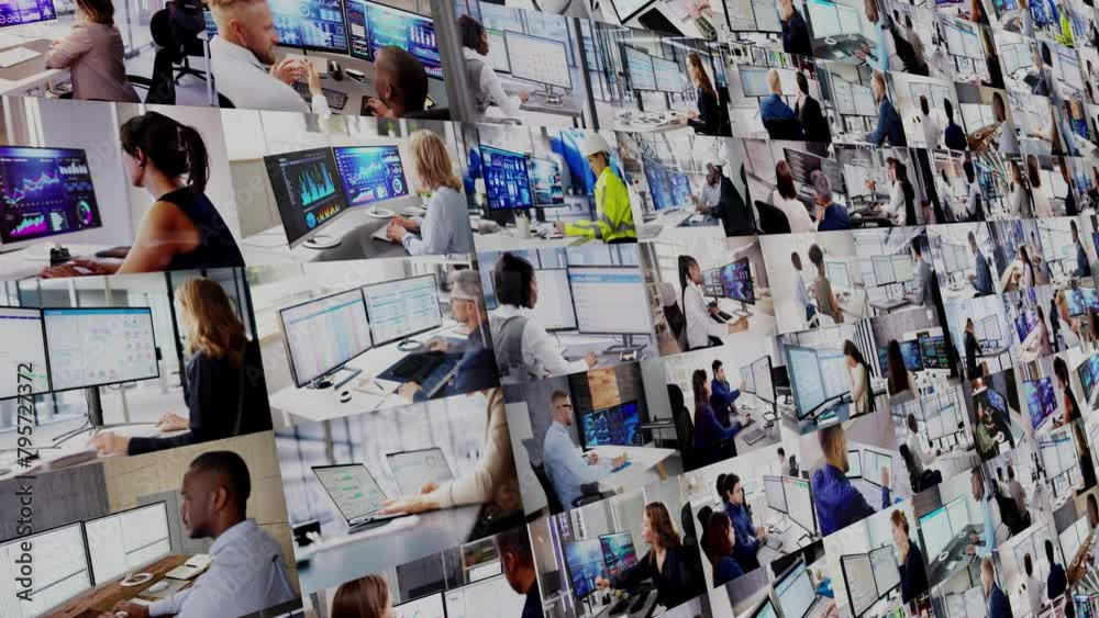 Poster business people using multiple monitors to work