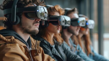 Company using augmented reality for remote culture building, medium shot of employees wearing AR headsets during a collaborative session
