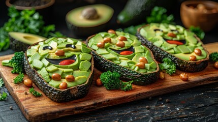   A wooden cutting board topped with an avocado halved, and garnished with nuts and assorted vegetables