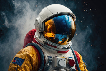portrait of an astronaut in darkened helmet and space suit in the cosmos covered with smoke and colorful splashes