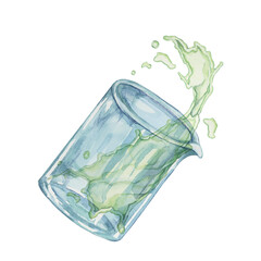 Glass beaker and green liquid splash. Fluid spill from glass watercolor Science glassware clipart,...