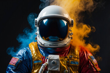portrait of an astronaut in darkened helmet and space suit in the cosmos covered with smoke and colorful splashes