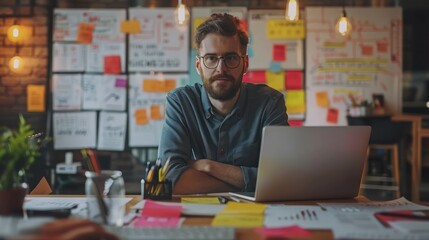 Content strategist planning a podcast series, medium shot with a digital storyboard on a laptop and podcasting equipment on the desk
