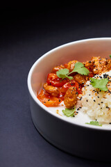 Delicious dish of Basmati rice and meat on the table