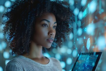 A woman interacts with a futuristic holographic interface while using her tablet, with a look of intrigue