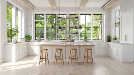 A bright and airy kitchen with large windows, white shaker cabinets, and a central island with bar stools