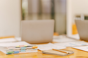 Blank screen laptop computer on office desk, Blank screen for product display.