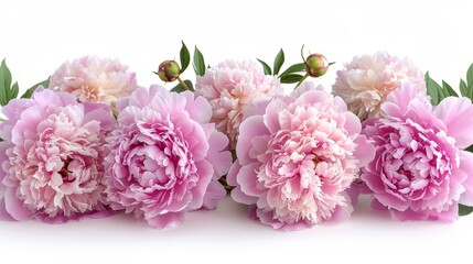   A cluster of pink blossoms seated together on a pristine white backdrop, encircled by verdant foliage