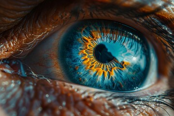 Extremely detailed macro shot capturing the complex patterns and vibrant colors of a human iris and eye texture