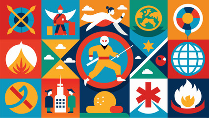 A brightly colored collage of different martial arts symbols representing the unique styles and techniques practiced in different regions of