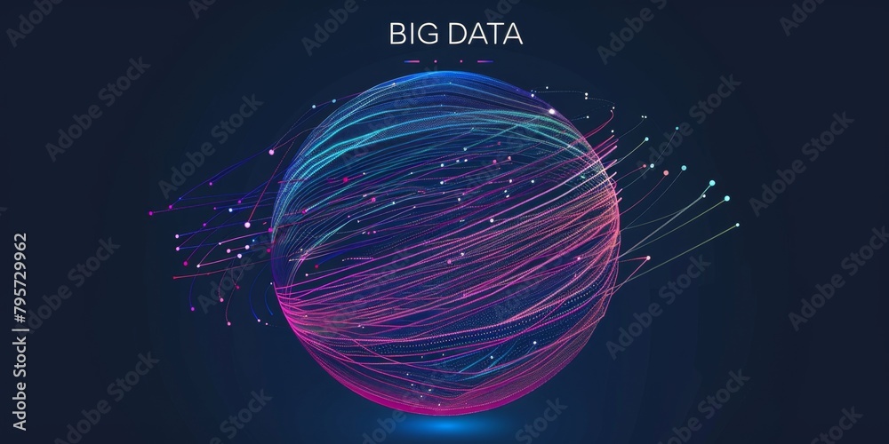 Poster n abstract sphere made up of thin, colorful lines representing data flow and movement with the text 