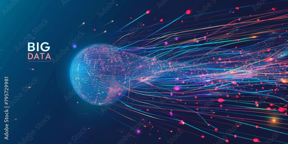 Poster big data visualization of information flow, text 
