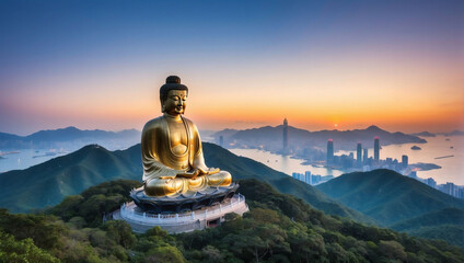 Dawn Illumination, Tian Tan Buddha Radiates Peace and Serenity as the Sun Rises in Hong Kong.
