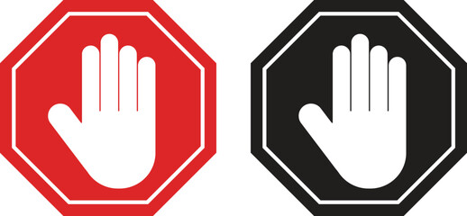 Stop hand icon set in black and red . Red forbidding sign with hand . No entry hand sign . Vector illustration