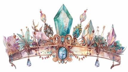 Luxurious watercolor rendering of a boho crown, intricately detailed with natural elements and precious stones cute
