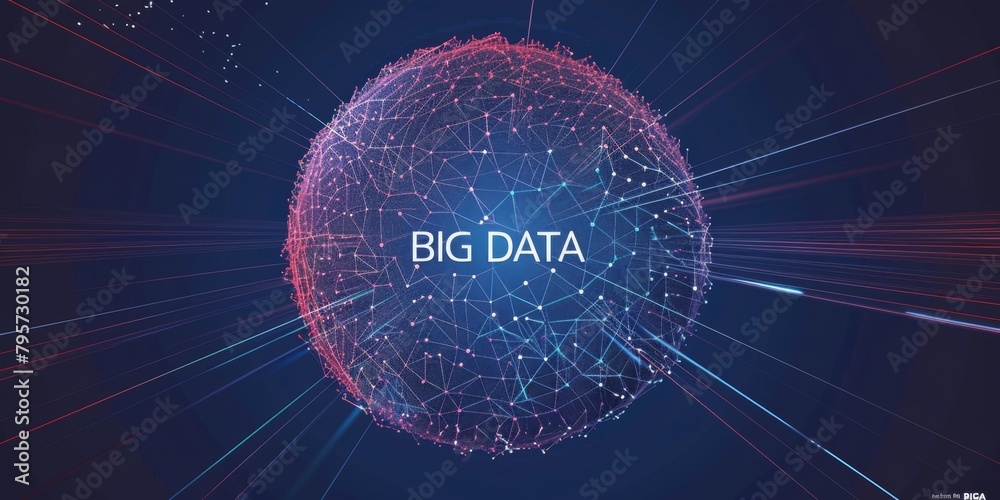 Poster big data visualization, complex lines forming a sphere shape with the text 