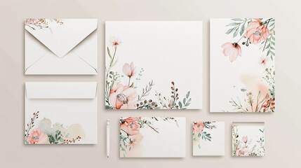 Boho watercolor stationery set, including envelopes, letterheads, and business cards with unique floral accents cute