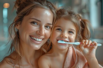 A joyful mother and daughter share a moment while brushing their teeth, emphasizing family dental care