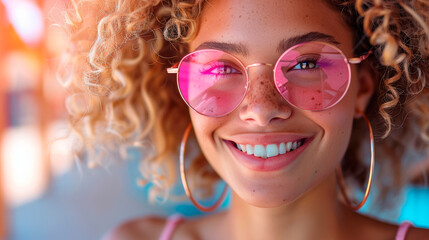 Smiling Woman in Pink Glasses. Generative AI