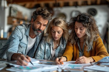 Three adults engaged in a focused brainstorming session with papers and charts, depicting teamwork and collaboration