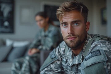 Fototapeta premium Pensive young soldier in uniform reflecting indoors, with a female soldier blurred in the background