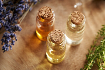 Three bottles of essential oil with fresh thyme and dried lavender