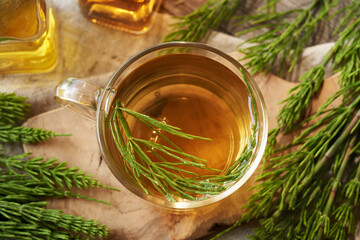 A glass cup of horsetail tea with fresh horsetail plant