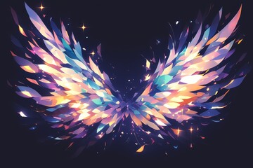 Colorful wings on a black background, angelic and ethereal design in the style of watercolor effect, brush strokes with splashes of color.