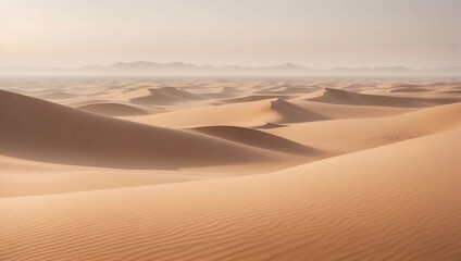 Fototapeta na wymiar Dreamy Desert Dunes, Landscape with Fog in Sandstone Beige, Blurring the Horizon in a Desert Dream.