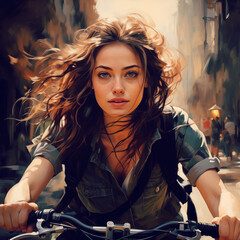 Urban ecological lifestyle: young woman riding a bike in the city