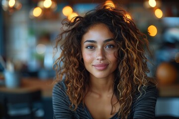 Fototapeta premium Cheerful young woman with curly hair smiling in a cafe setting, conveying a warm and inviting atmosphere