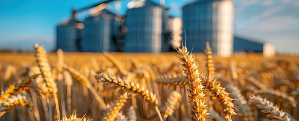 golden field of wheat in the foreground with old grain silos against a blue sky in the background. AI generated illustration
