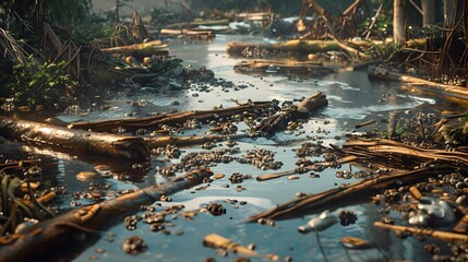 A detailed, high-resolution image showing a river polluted and clogged with logs and debris from nearby deforestation activities. - Powered by Adobe