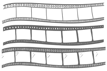 Set of film strips in doodle style. Cinema and photo, cinema tape, photo frame, cinema film tape roll 35 mm, blank slide frames. Old retro film strip frame. Vector illustration. Hand drawn