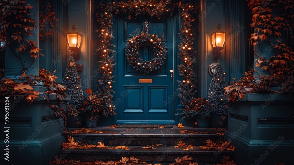 Sticker   A blue door adorned with a wreath, flanked by two lights on each side