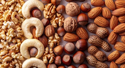 A close-up shot of various nuts, including cashews and walnuts, arranged in an intricate pattern on...