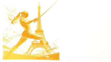 Fototapeta na wymiar Yellow illustration of female fencer holding a sword by eiffel tower
