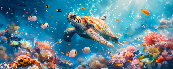 Cartoon illustration of turtle swimming in ocean among colorful fish.