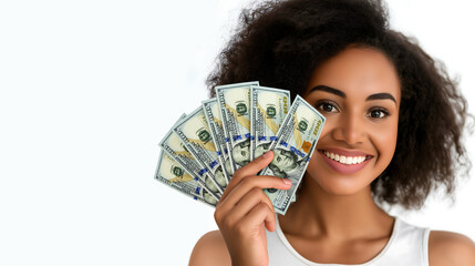 Young black woman holding and showing 100 US dollar notes to camera over white background with copy space, African lady happy similing, hand holds money cash, dollars currency