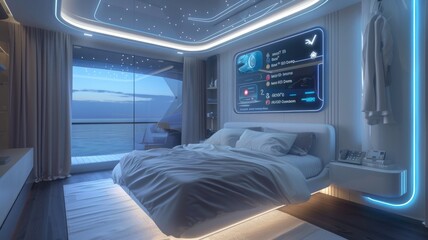 futuristic bedroom where voice-controlled curtains change opacity based on time of day to optimize room temperature, with a digital wall panel showing climate control features
