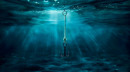 An illustration of a simple fishhook without bait under clear water