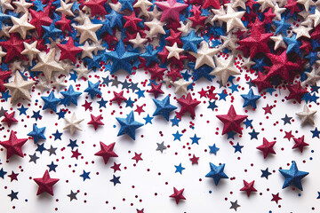 Red, blue and white stars confetti on white background. Space for text, 4th of July independence day