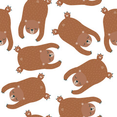 Obraz premium Seamless pattern with cartoon brown bear. Vector hand drawn illustration.