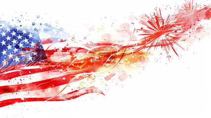 American flag with fireworks on the white background illustration