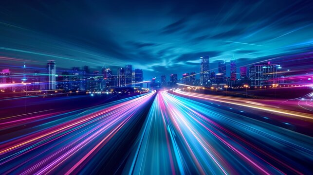 Car motion trails. Speed light streaks background with blurred fast moving light effect, Racing cars dynamic flash effects city road with long exposure night lights