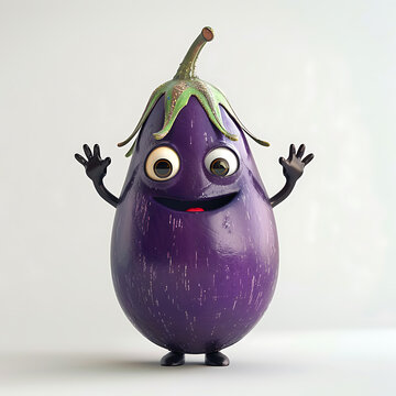 Funny cute eggplant with hands and eyes, 3d illustration on a white background, for advertising and design of vegetable dishes