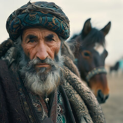 An elderly Turkmen man with a beard in national traditional clothes against the background of an Akhal-Teke horse racer, portrait 