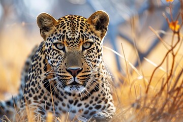 closeup portrait of a majestic leopard hunting in the savannah
