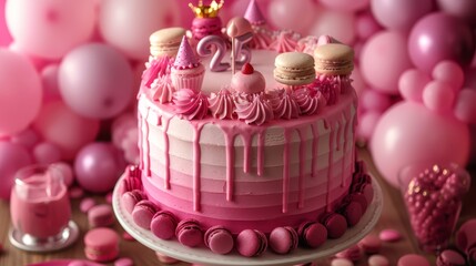   A table displays a birthday cake, adorned with pink frosting and decorations Balloons and confetti fill the background